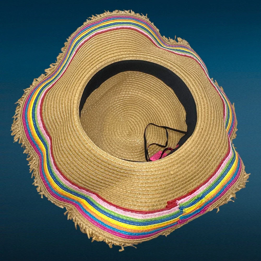 Betsey Johnson Rainbow Ribbon Floppy Sun Hat Wide Brim Straw Beach O/S Adjusts